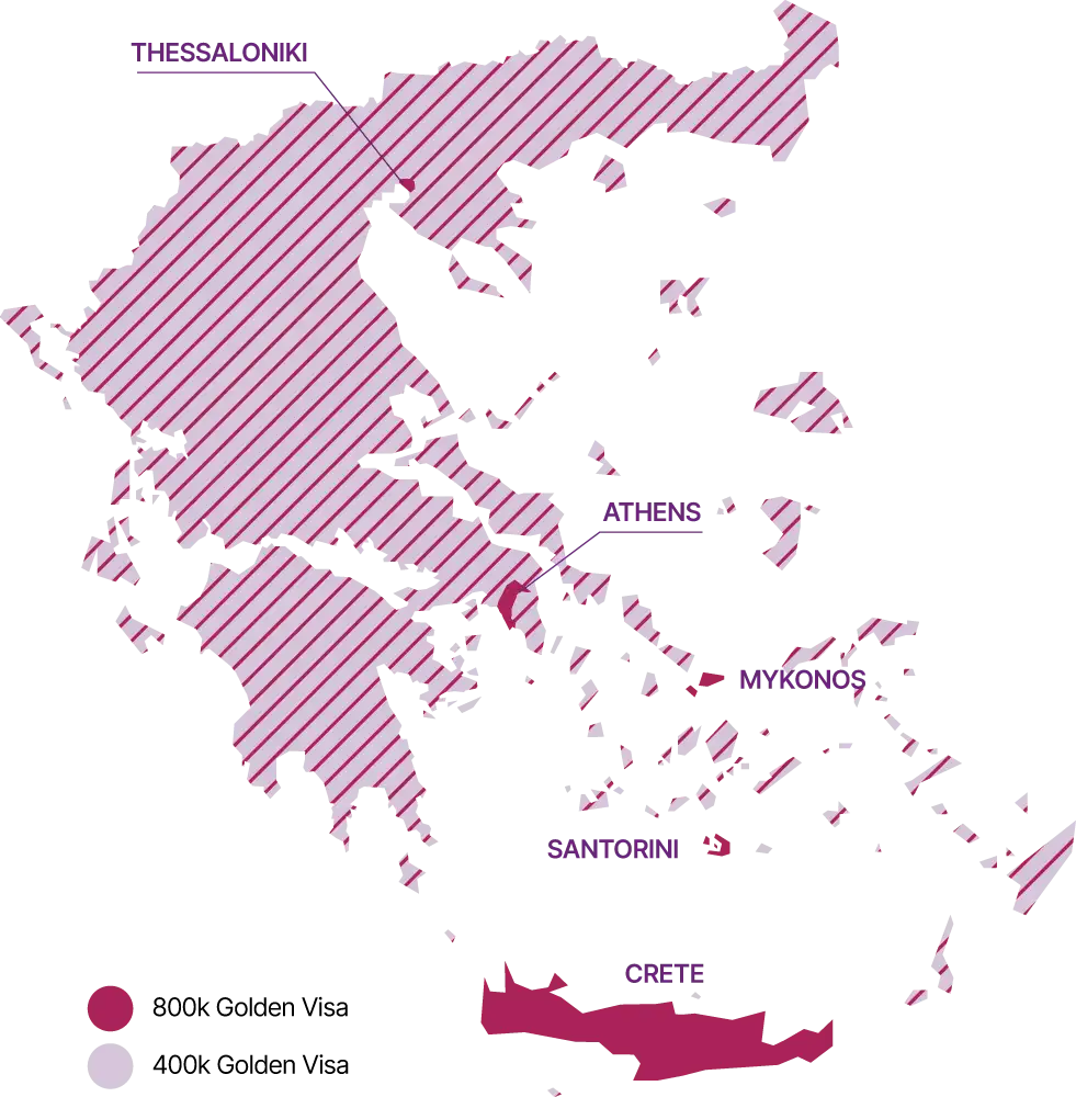 Greece Golden Visa map revealing price and and regions.