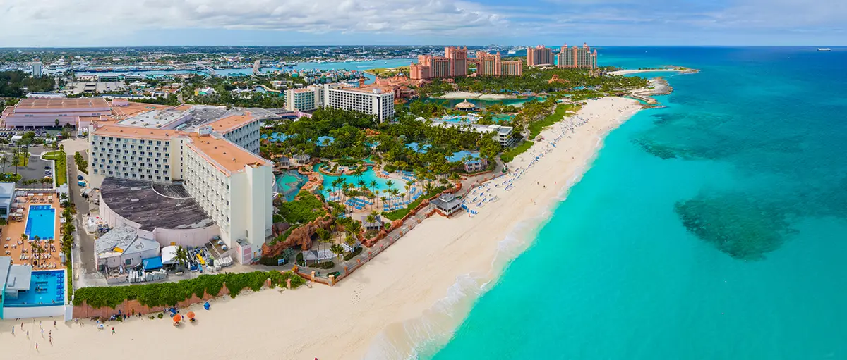 Aerial view over a paradisiacal beach in the Bahamas.