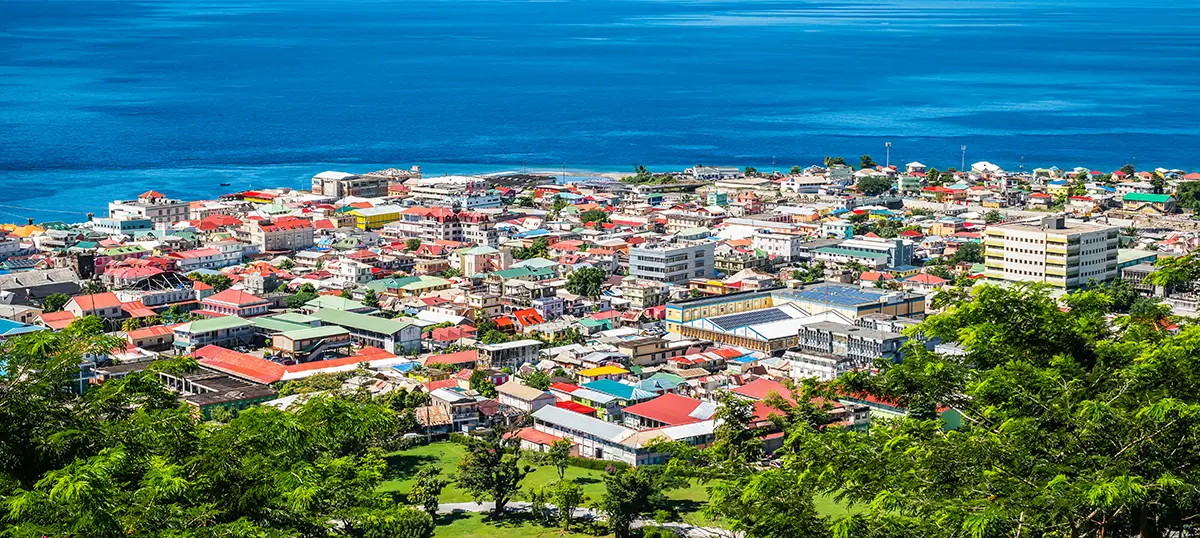 Skyline view of a Roseau, Dominica's capital, and a tax haven. 