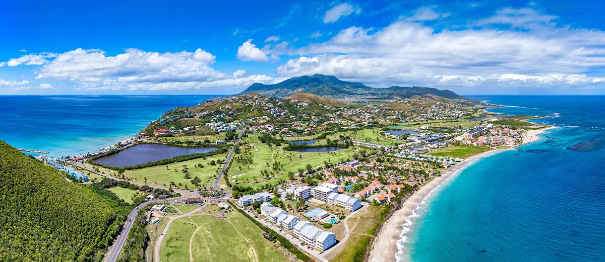 Aerial view over green fields in Saint Kitts and Nevis.